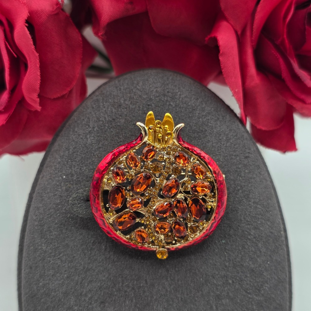 Gold Tone Red Enamel Pomegranate Brooch Pin Orange Rhinestone Fruit Fall Glam